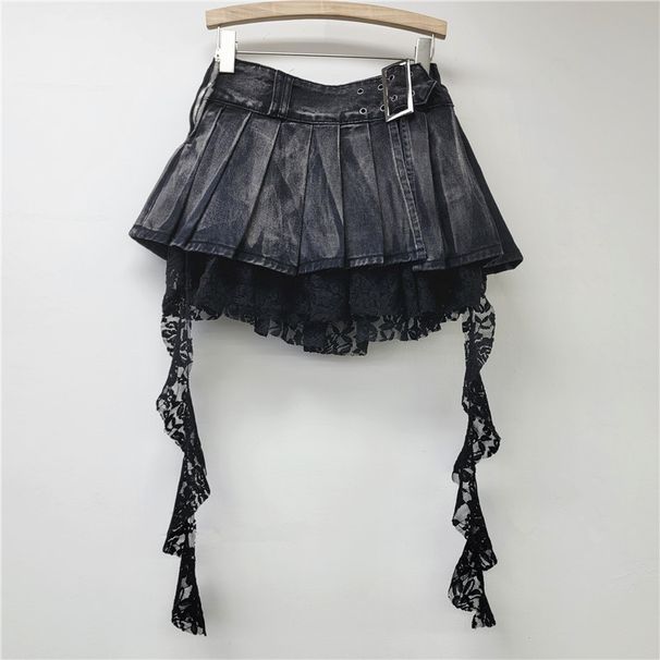 Denim Skirt Women 2025 Spring And Summer American Punk Irregular Lace Splicing Design Slim A Line Skirt Trend_mkmklike.com