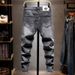 Slim Fit Jeans For Men Trendy Hand Embroidered Elastic Waist Skinny Trousers Gray Washed Summer Style_mkmklike.com