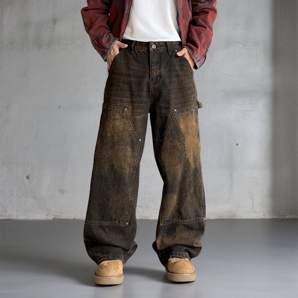 Vintage Washed Men's Relaxed Fit Straight Leg Jeans With Hand-Painted Graffiti Details In Retro Brown_mkmklike.com