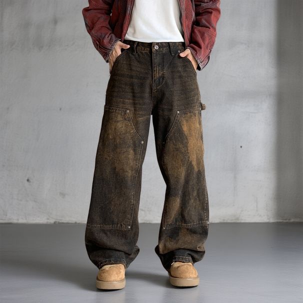 Vintage Washed Men's Relaxed Fit Straight Leg Jeans With Hand-Painted Graffiti Details In Retro Brown_mkmklike.com