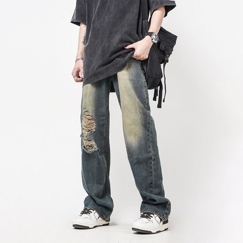 Nordmann Ripped Jeans Men New Spring Autumn Vintage Washed Casual American Street Style Loose Straight Pants_mkmklike.com