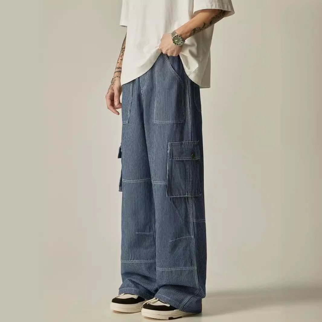 American Striped Cargo Jeans Summer Street Multi-Pocket High Waist Straight Loose Wide-Leg Pants_mkmklike.com