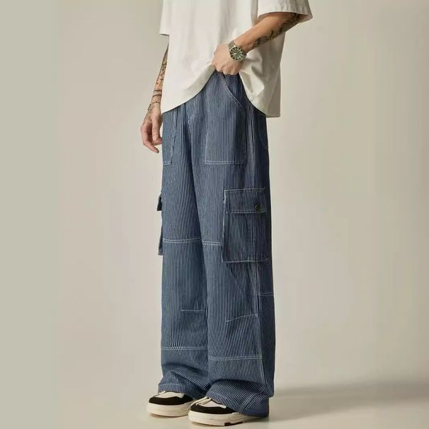 American Striped Cargo Jeans Summer Street Multi-Pocket High Waist Straight Loose Wide-Leg Pants_mkmklike.com