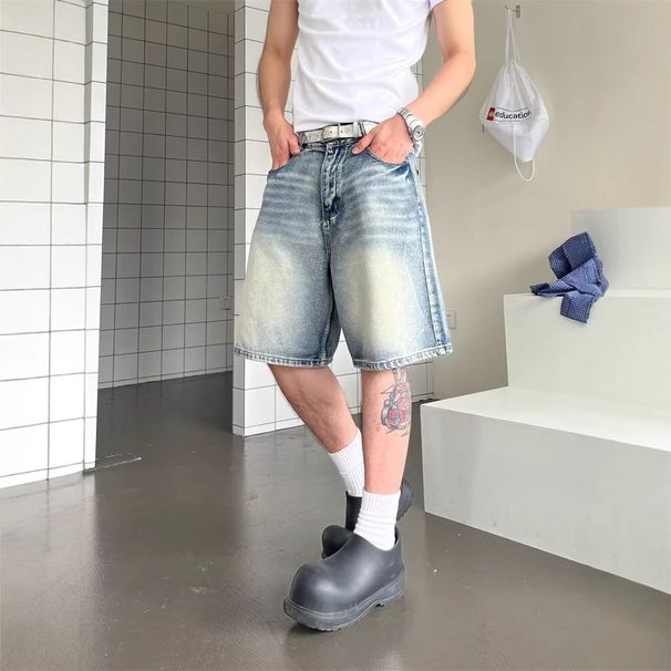 Men's Vintage Washed Denim Shorts Japanese Style Relaxed Fit High Street Casual Summer Shorts_mkmklike.com