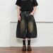 Men's Clothing Unisex Retro Washed Scimitar Cropped Jeans American Street Style Loose Wide Leg Hip Hop Shorts_mkmklike.com