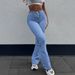 Women's High-Waisted Slim Fit Flared Jeans Light Blue Zipper Closure Casual Cotton Denim Street Style Solid Color For Office Lady_mkmklike.com