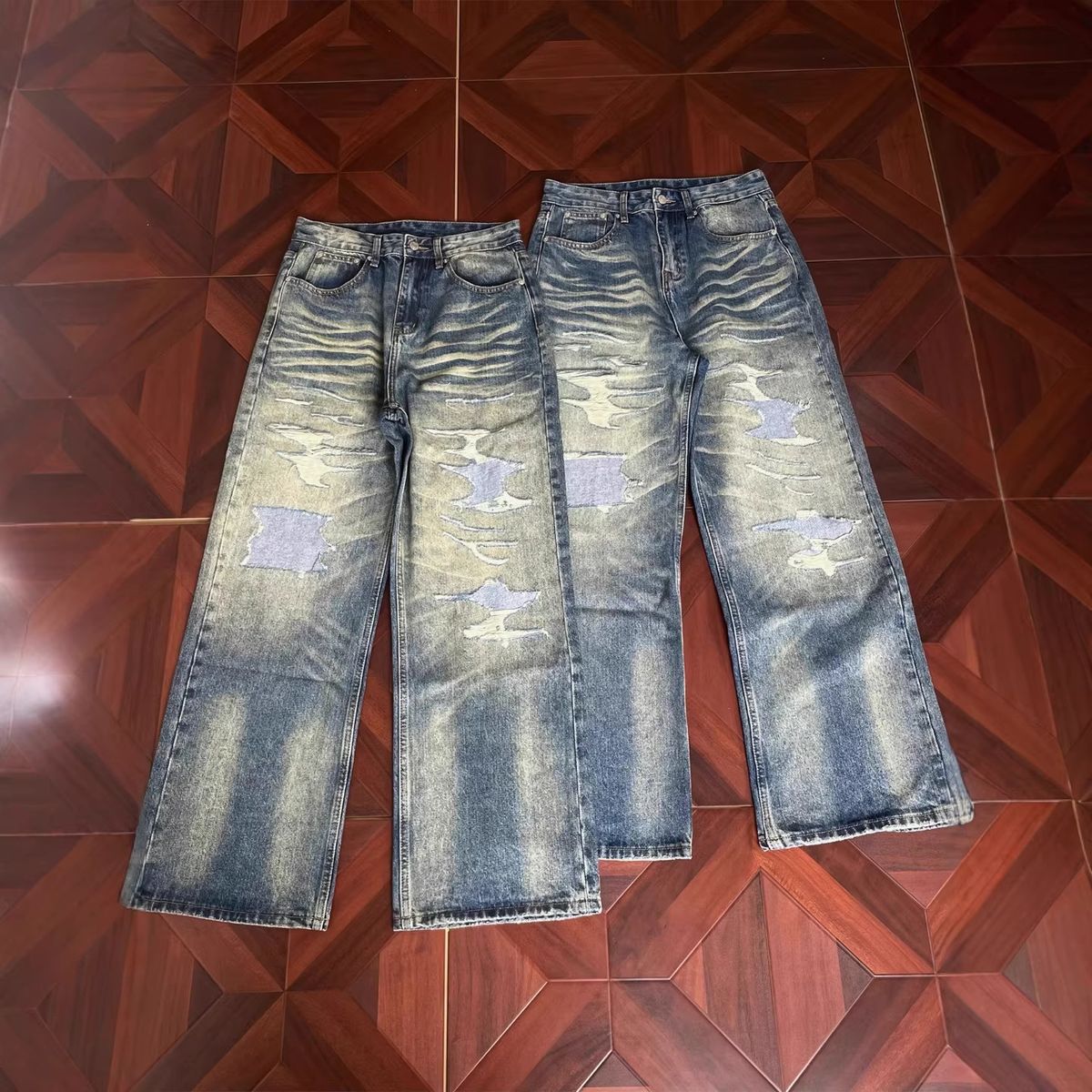 "Men's Vintage Washed Distressed Patchwork Jeans – Straight Leg & Relaxed Fit | Retro Streetwear Denim Pants | 90s Grunge Style"_mkmklike.com