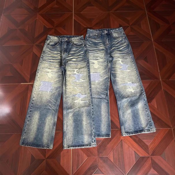 "Men's Vintage Washed Distressed Patchwork Jeans – Straight Leg & Relaxed Fit | Retro Streetwear Denim Pants | 90s Grunge Style"_mkmklike.com