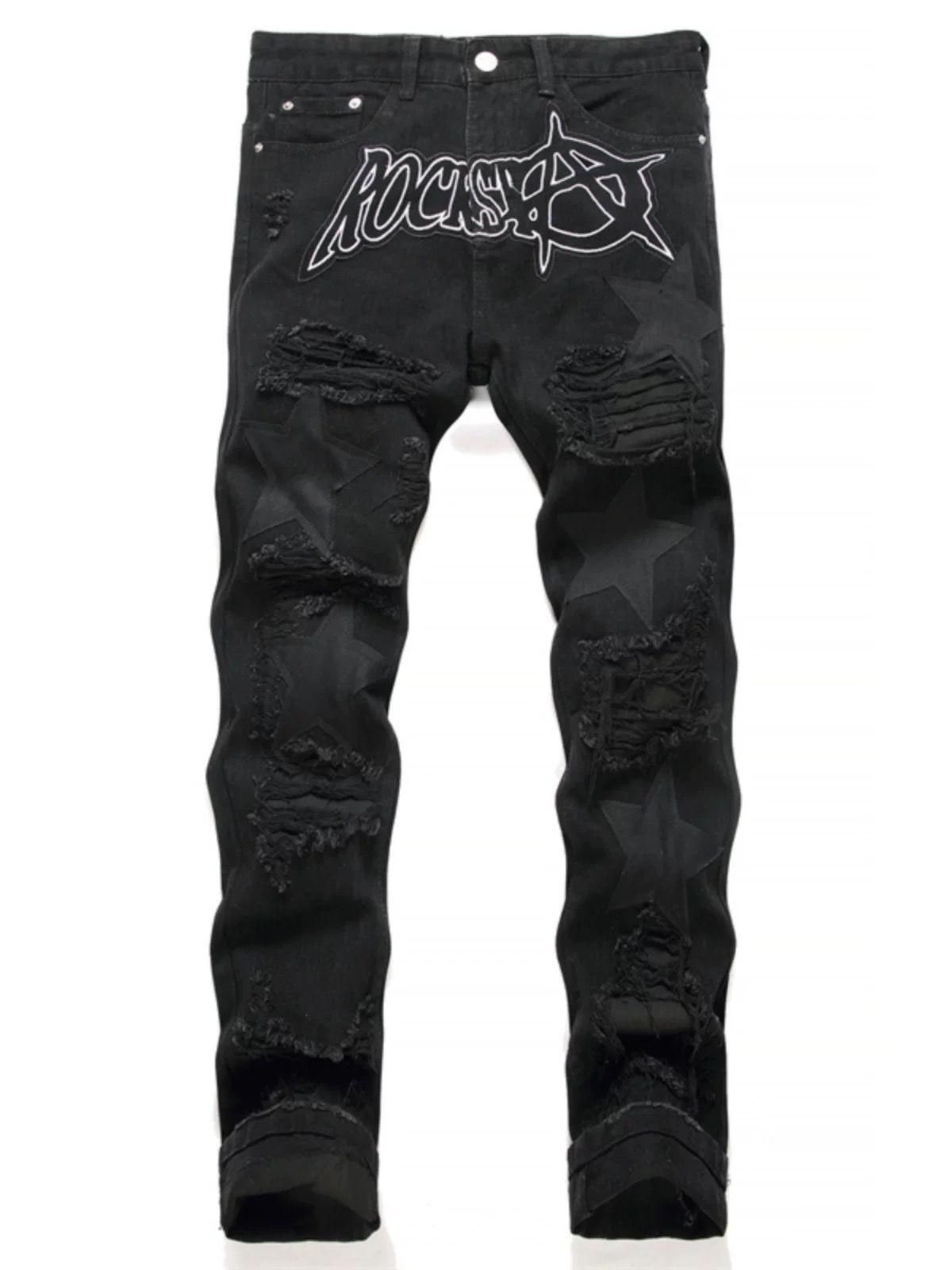 Men’s Black Distressed Jeans – High Street Style, Straight-Leg, Star Patch Denim Pants (28-36, Non-Stretch Cotton)_mkmklike.com