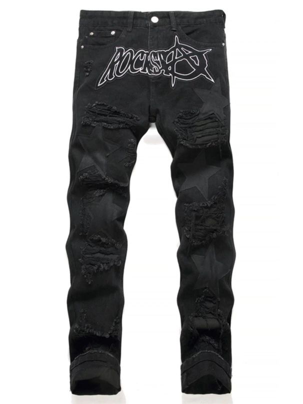 Men’s Black Distressed Jeans – High Street Style, Straight-Leg, Star Patch Denim Pants (28-36, Non-Stretch Cotton)_mkmklike.com