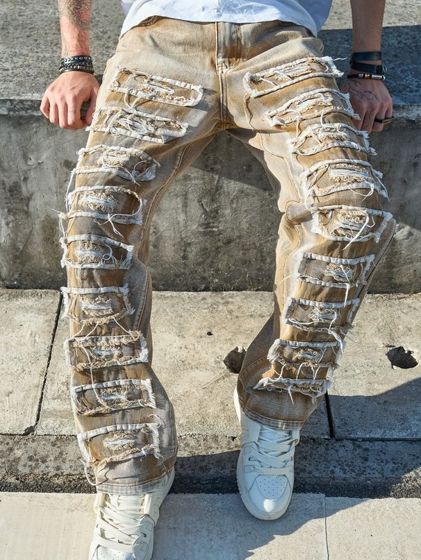 Men's Clothing Ripped Jeans Men's High Street Retro Personality Hip Hop Street Scratched Washed Loose Pants_mkmklike.com