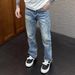 Men's High-Waisted Slim Fit Distressed Denim Jeans With Splash & Burn Design, Straight Leg, Classic Blue_mkmklike.com