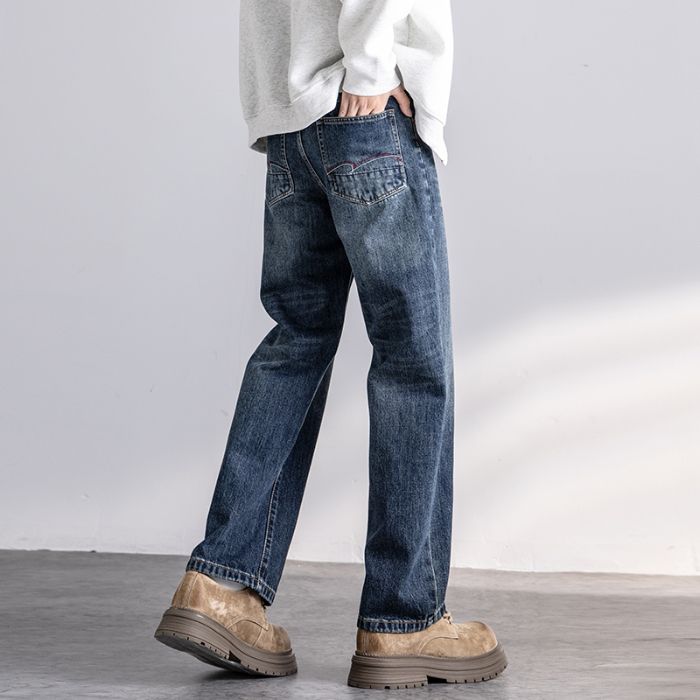 Autumn New Jeans Men's Fit Straight Tube Loose Trendy Brand American Retro Double Craft Washed Middle Waist Youth Large Size_mkmklike.com