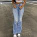 Women's High-Waisted Distressed Flare Jeans – Vintage Light Blue Denim, Boho Streetwear (Ripped Knee, Retro Bell Bottoms, Comfort Fit)_mkmklike.com