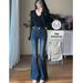 High-Waisted Stretchy Flared Jeans Korean Style with Double Buttons 0.8 Cm Hip Enhancing Padding Butt Lifting Effect Women's Denim_mkmklike.com