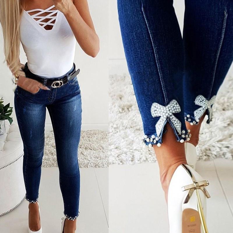 Elegant Slim Fit Jeans For Women - Butterfly Embroidery & Rhinestone Detailing, High-Slit Flared Hem, Stretchy Denim Pencil Pants_mkmklike.com