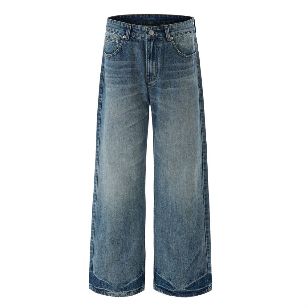 American Style Trendy Design Lightning Pattern Washed Denim Pants Men's Cleanfit Distressed Straight-Leg_mkmklike.com