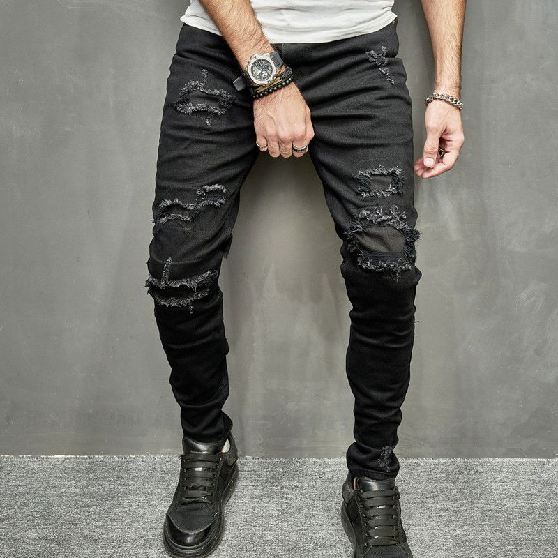 Skinny Hole Jeans For Men Vintage Pencil Pants Straight Ankle Length Trousers Washed Distressed Denims Autumn Streetwear_mkmklike.com