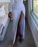 Women's white wide shoulder waist high slit fashion dress_mkmklike.com