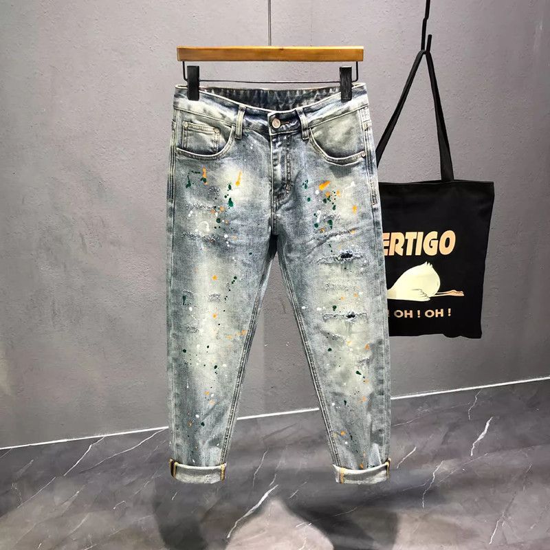 Men's Clothing Autumn Light Luxury Fashion Ripped Paint Jeans For Men Trendy Elastic Slim Fit Casual Skinny Trousers_mkmklike.com
