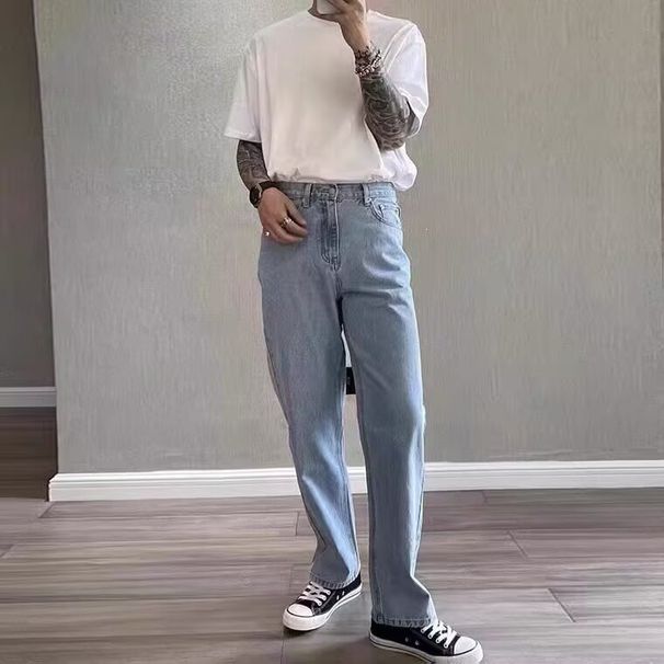 High Street Light Colored Jeans For Men New Style Versatile Slimming Straight Leg Wide Leg Casual Pants_mkmklike.com