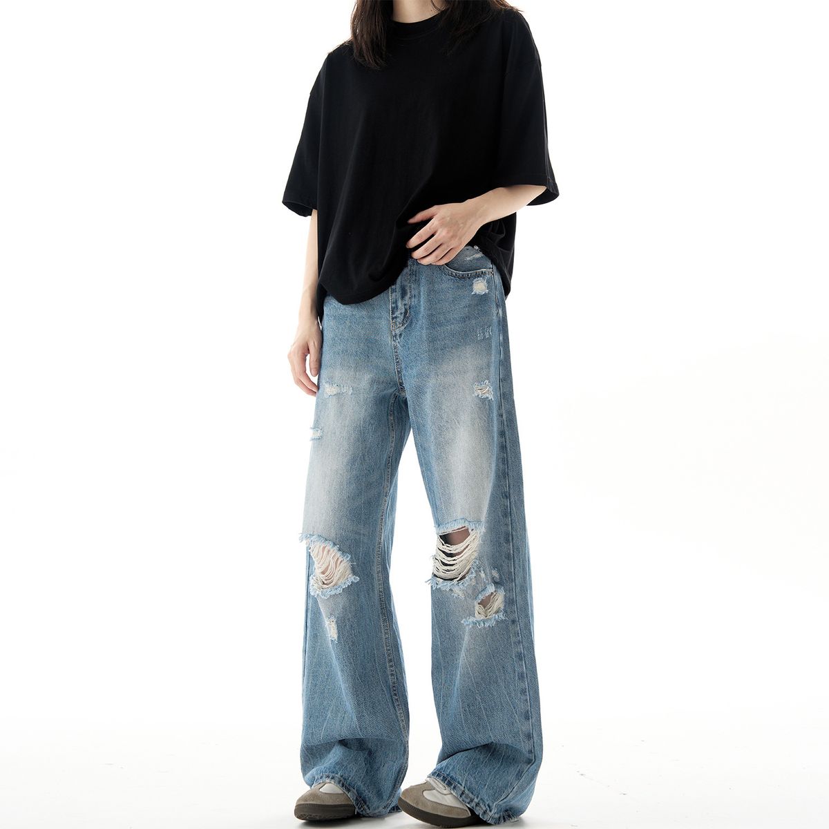 Men's Washed Ripped Jeans Straight Leg Loose Fit Wide Leg American High Street Style Trendy Versatile Cool Long Pants Summer_mkmklike.com