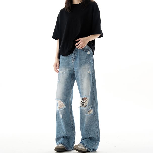 Men's Washed Ripped Jeans Straight Leg Loose Fit Wide Leg American High Street Style Trendy Versatile Cool Long Pants Summer_mkmklike.com