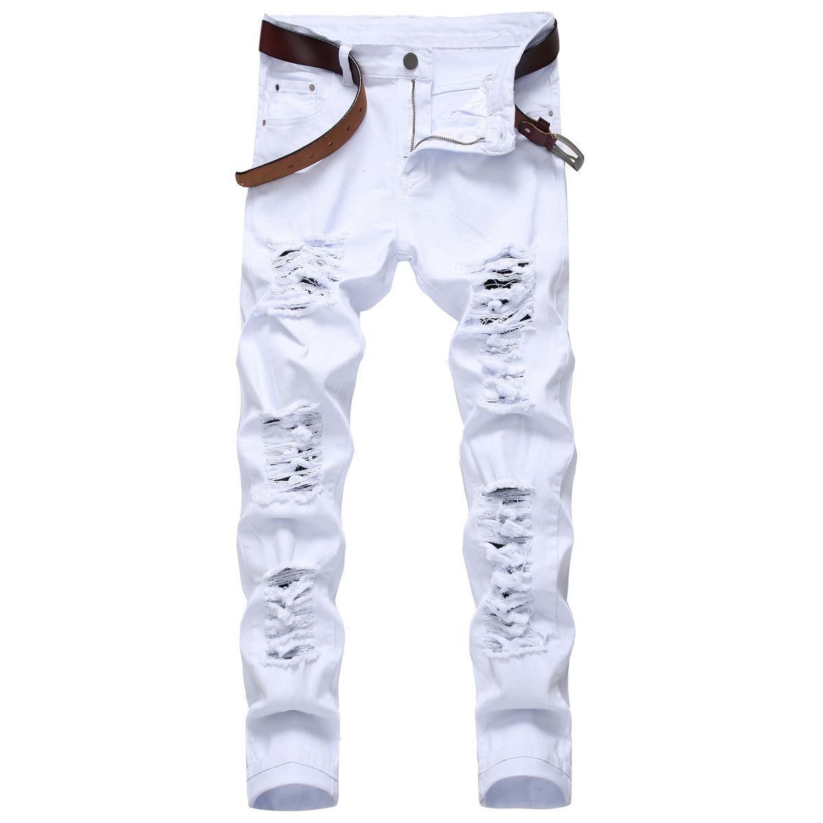 Men's White Jeans Fashion Hip Hop Ripped Thin Men's Denim Pants Slim Fit Stretch Distressed Zip Men's Jean Pants High Quality_mkmklike.com