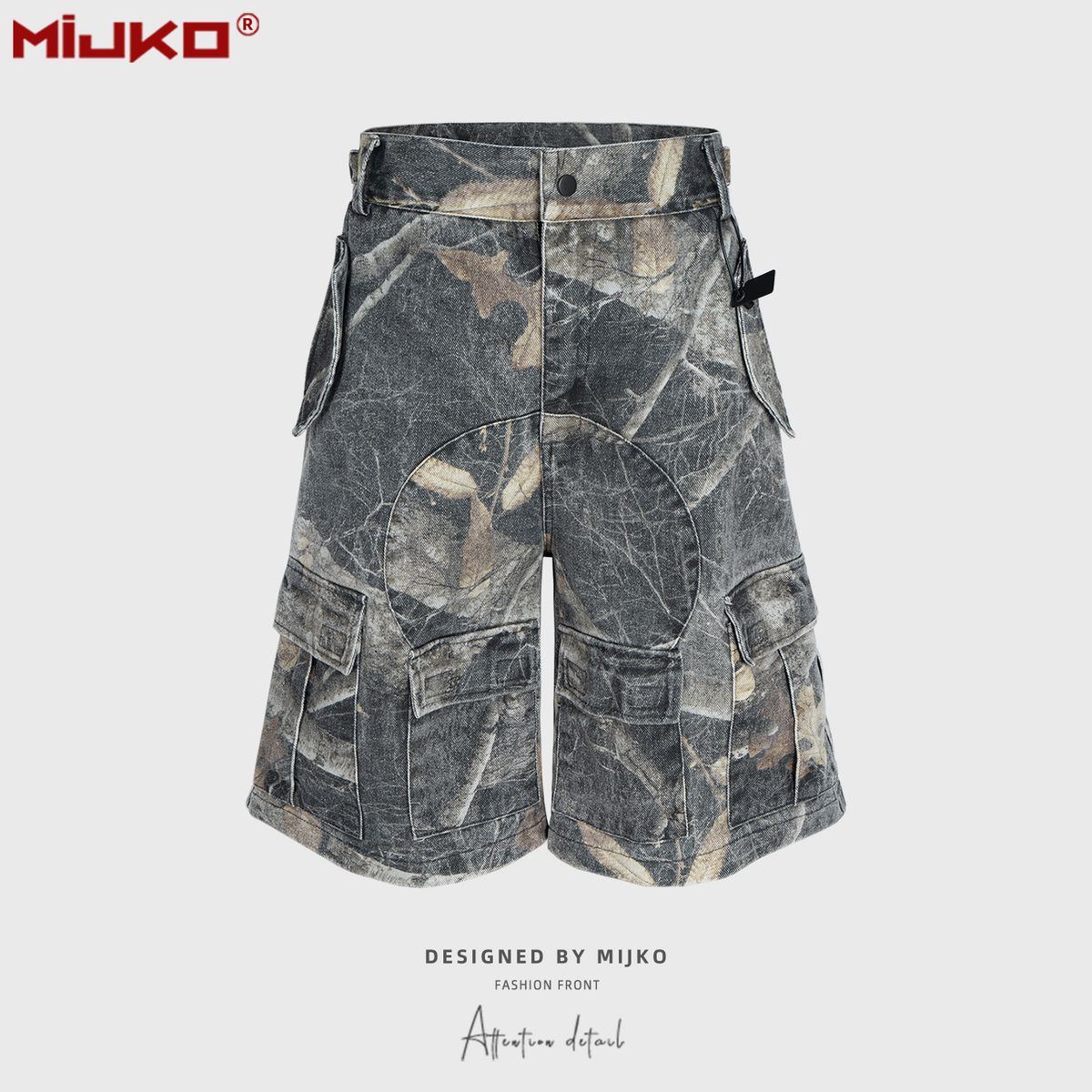 Men's Clothing Spring And Summer New Buckle Waist Design Denim Shorts Enzyme Washed Tree Branch Camouflage Shorts_mkmklike.com