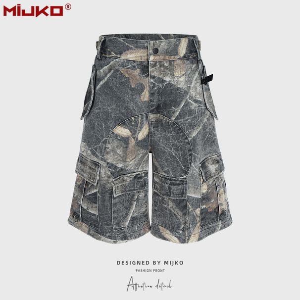 Men's Clothing Spring And Summer New Buckle Waist Design Denim Shorts Enzyme Washed Tree Branch Camouflage Shorts_mkmklike.com