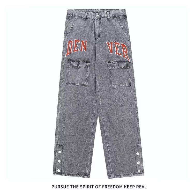 Men's Clothing Retro Buttoned Embroidered Washed Jeans Men's Trendy Straight Loose Wide Leg Pants_mkmklike.com