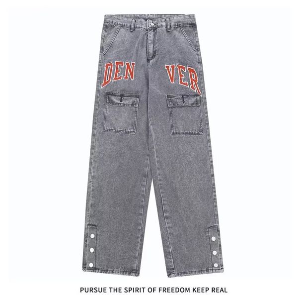 Men's Clothing Retro Buttoned Embroidered Washed Jeans Men's Trendy Straight Loose Wide Leg Pants_mkmklike.com