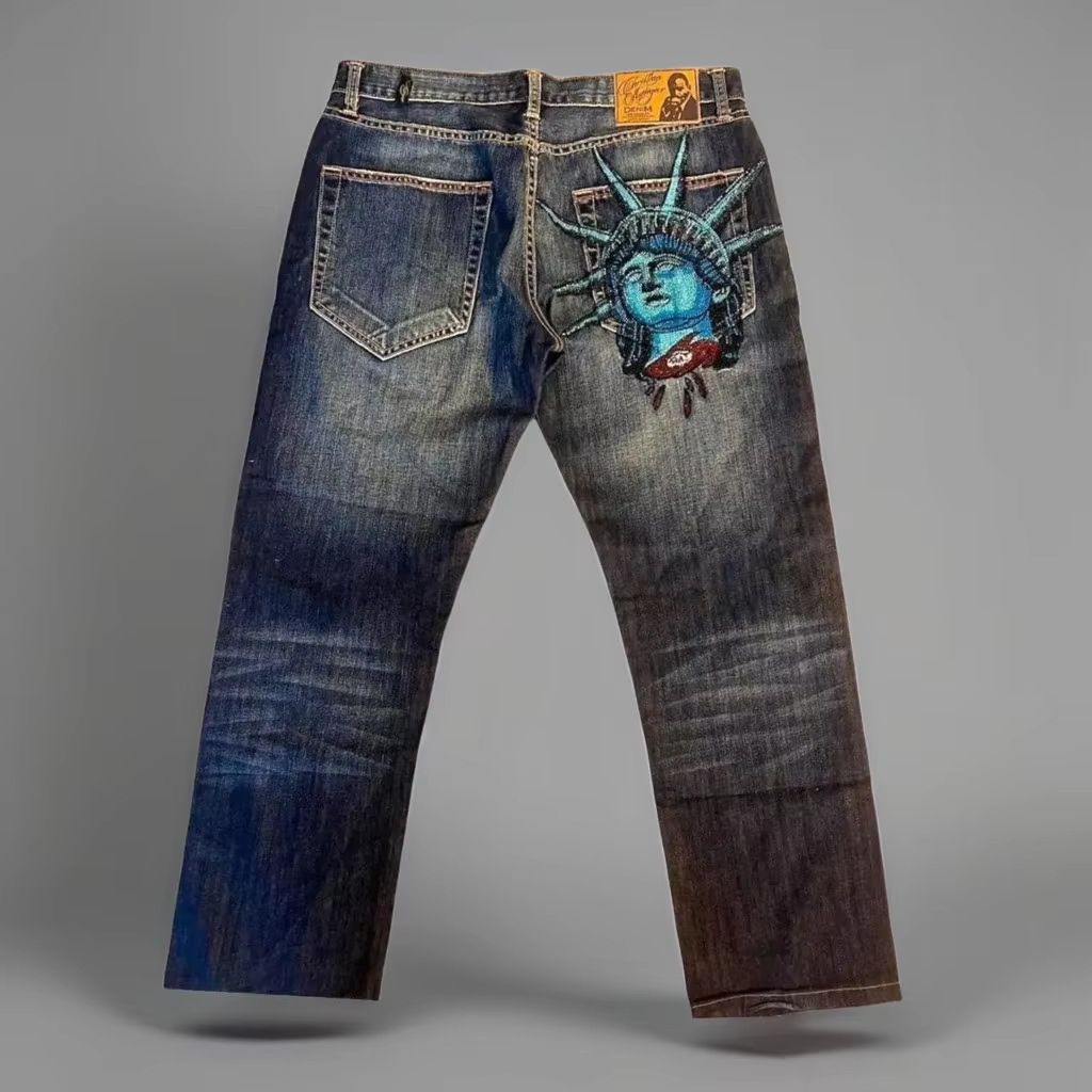 Statue Of Liberty Vintage Washed Jeans – Retro Distressed Denim Pants For Men & Women, Straight Leg Y2K Streetwear_mkmklike.com