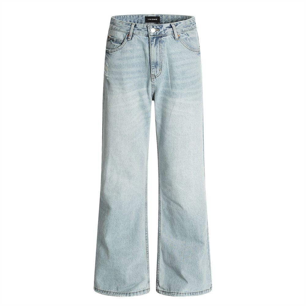 Light Washed Denim Flared Pants Street Style Punk Men's Basic Loose Wide-Leg Trousers Gradient Vintage Versatile_mkmklike.com
