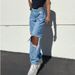 's New Blue Cotton Jeans For Women With Butterfly Print, Washed And Distressed, High-waisted Wide-leg Pants_mkmklike.com