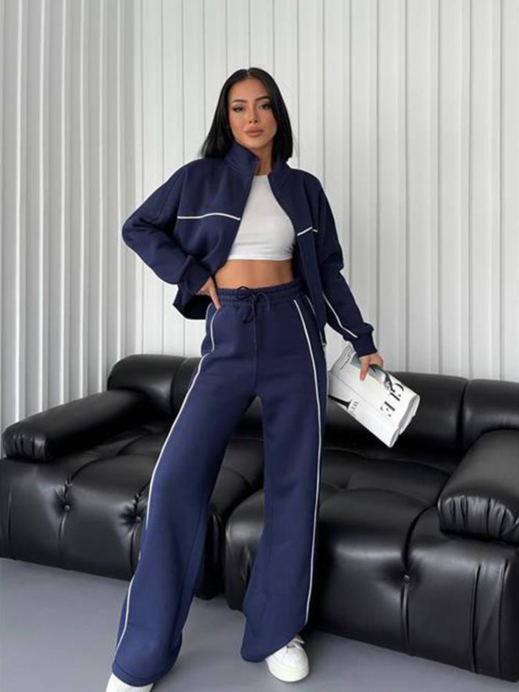 Women's Clothing leisure suit long sleeved half high collar cardigan sweater lace up striped trousers_mkmklike.com