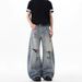 Hole Washed Old Scimitar Design Sense Jeans Men's Summer New American High Street Loose Long Pants Tide_mkmklike.com