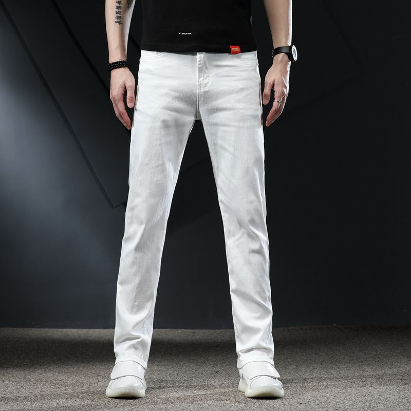 High End White Straight Leg Loose Fitting Long Trousers for Men Casual Stretchy Denim Perfect for Spring And Summer_mkmklike.com