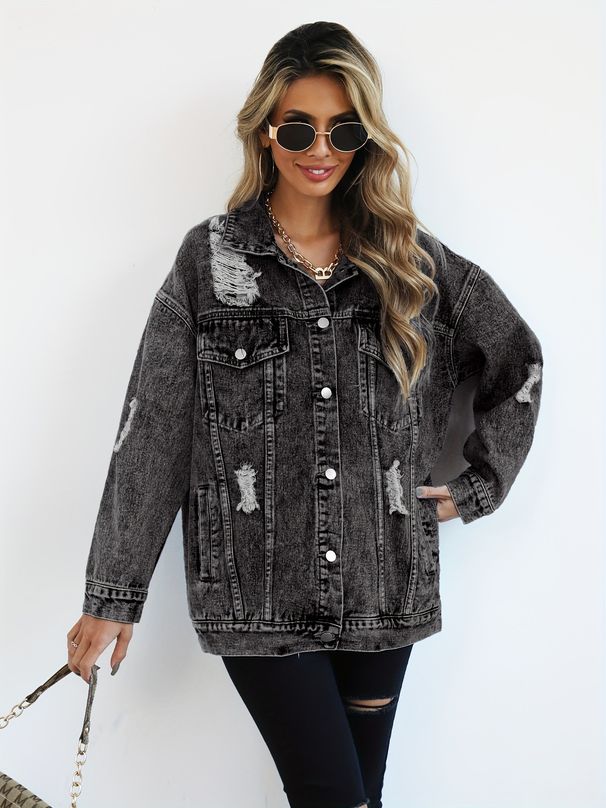 Women's Distressed Denim Jacket Style Top_mkmklike.com