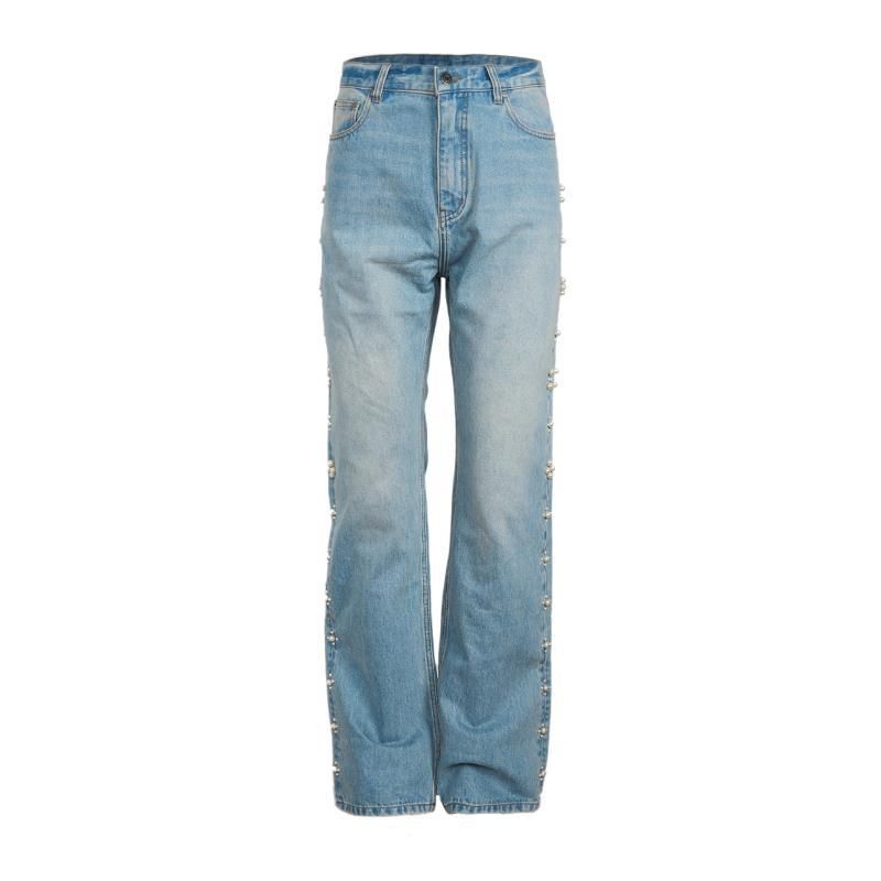 Vintage Washed Light Blue Pearl Jeans For Men - Classic Straight Leg Design With Retro Style & Comfortable Polyester Fabric_mkmklike.com