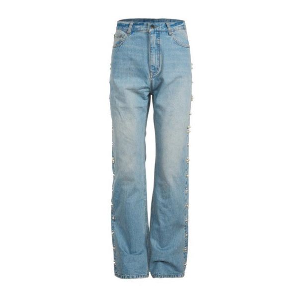 Vintage Washed Light Blue Pearl Jeans For Men - Classic Straight Leg Design With Retro Style & Comfortable Polyester Fabric_mkmklike.com