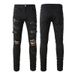 Men's Clothing Washed Cat Whisker Wrinkled Hole Snake Black Elastic Slim Fit Skinny Jeans Jeans_mkmklike.com
