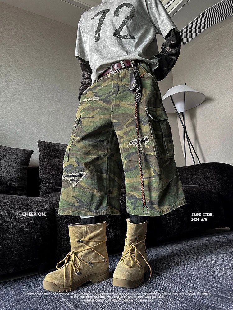 Retro Camouflage Cropped Pants High Street Style Wide Leg Summer Cool Men's Clothing Denim Shorts For Spring And Summer_mkmklike.com