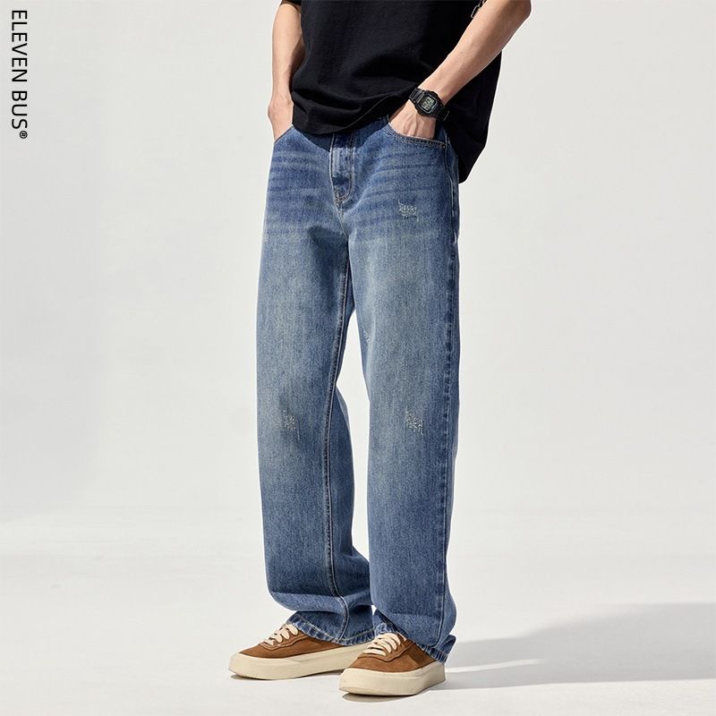 Men's Loose Fit High Street Straight Leg Jeans - Vintage Washed Denim Pants For Casual Streetwear_mkmklike.com
