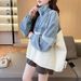 Women's Denim-Patchwork Stand Collar Knit Cardigan Oversized Vintage Loose Fit Sweater Coat Casual Boho Chic_mkmklike.com