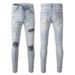 Men's Clothing American High Street Light Blue Patch Embroidery Flower Patch Slim Fit Trendy Brand Ripped Jeans Men's Jeans 699_mkmklike.com