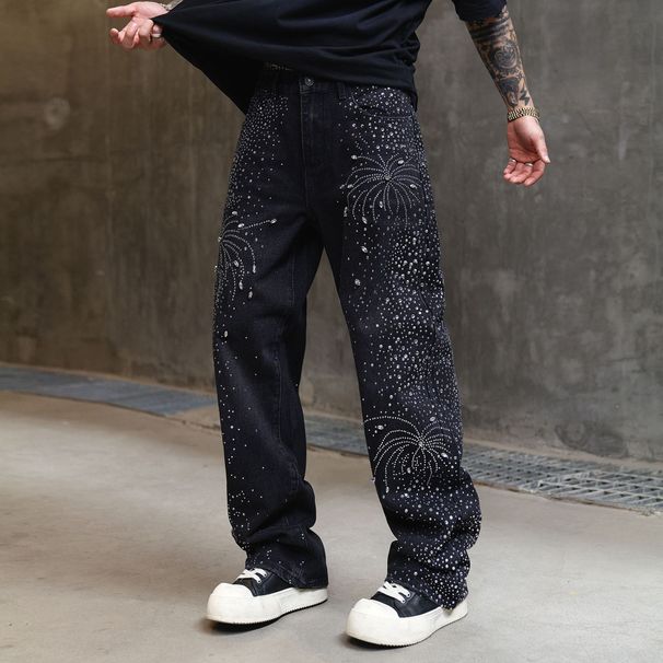 Men's Clothing New American High Street Hot Diamond Full Diamond Design Jeans Men's Loose Straight Washed Fashion Men's Casual Trousers_mkmklike.com