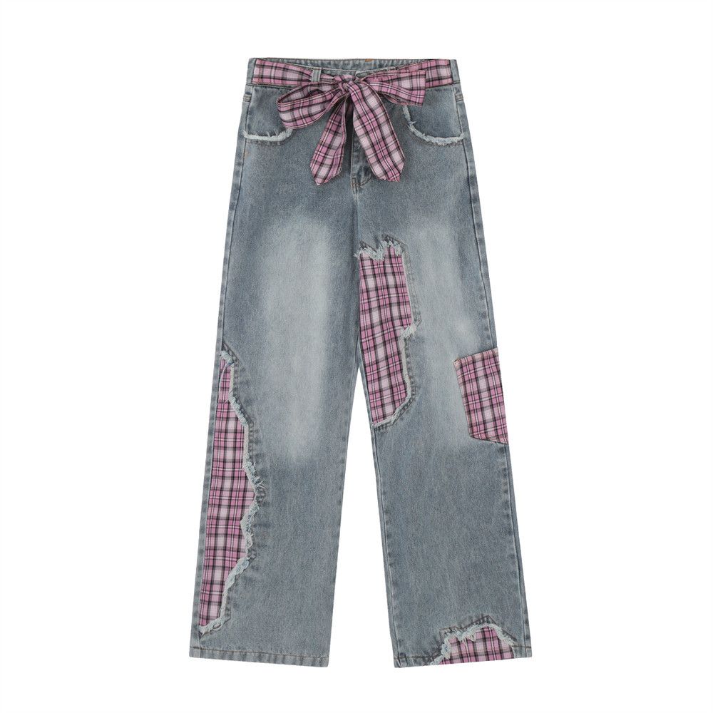 Irregular Patchwork Jeans For Men, Trendy Brand With Bow Belt Design, Niche Plaid Straight-Leg Pants_mkmklike.com