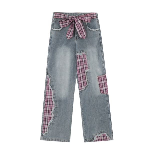 Irregular Patchwork Jeans For Men, Trendy Brand With Bow Belt Design, Niche Plaid Straight-Leg Pants_mkmklike.com