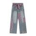 Irregular Patchwork Jeans For Men, Trendy Brand With Bow Belt Design, Niche Plaid Straight-Leg Pants_mkmklike.com